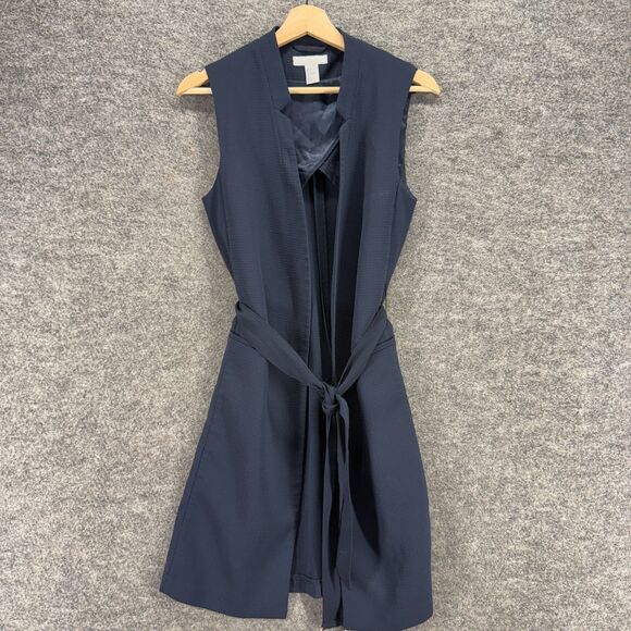 H&M Blazer Women 6 Blue Open Front Belted Sleeveless Lined Long Classic Fit - Picture 1 of 7